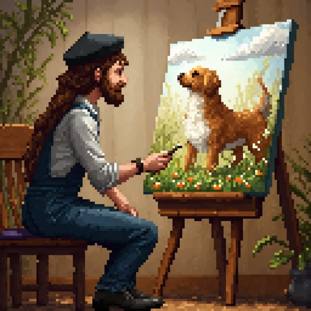 Dog Portrait in Cozy Studio, Whimsical Art Style