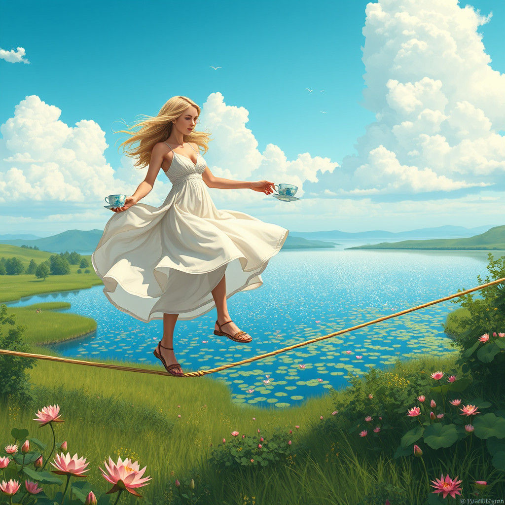Woman Balancing on Tightrope in Dreamlike Digital Art