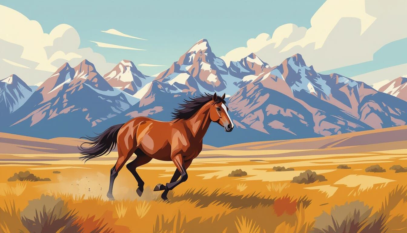 Wild Horse Galloping in Mountains, Acrylic Geometric Style