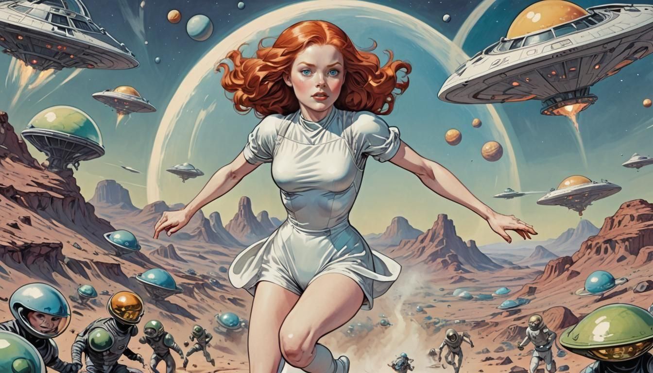 Goddess Girl Running on Alien Planet in Comic Style