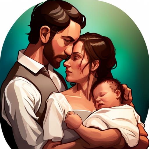 Parents Embrace Newborn Baby: Detailed Portrait