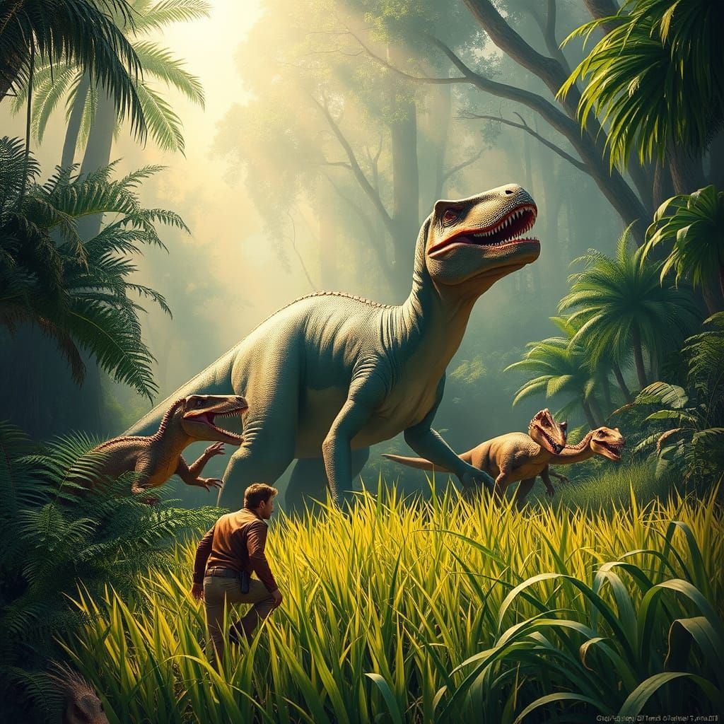 Dinosaurs Roam a Lush Jungle Landscape in a Classic Adventur...