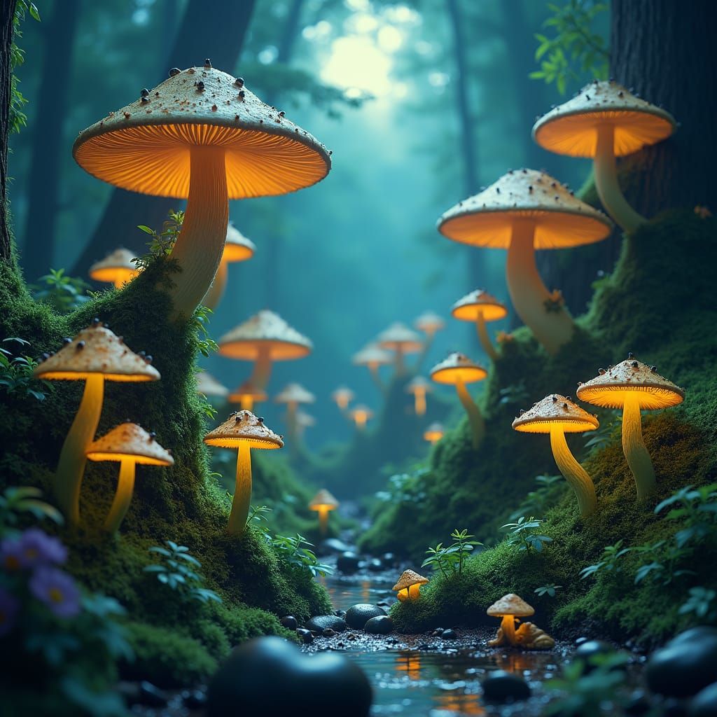 Enchanted Mushroom Forest with Frogs in Ethereal Moonlight