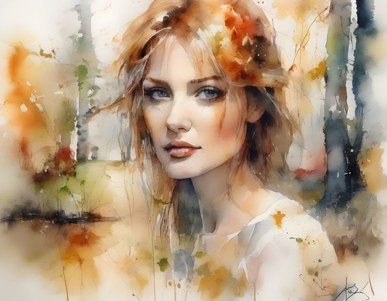 Watercolor Forest Portrait with Ink Details