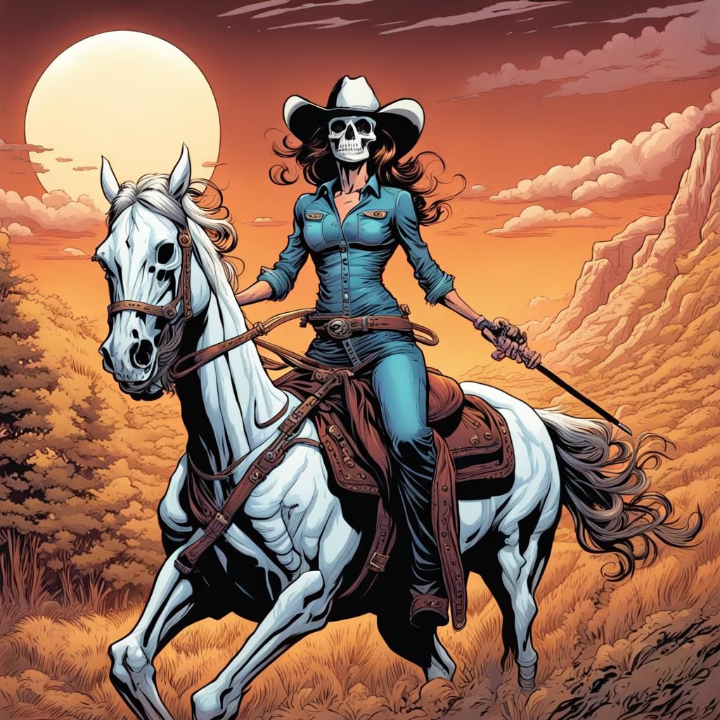 Skeleton Cowgirl Rides Horse in Comic Book Art