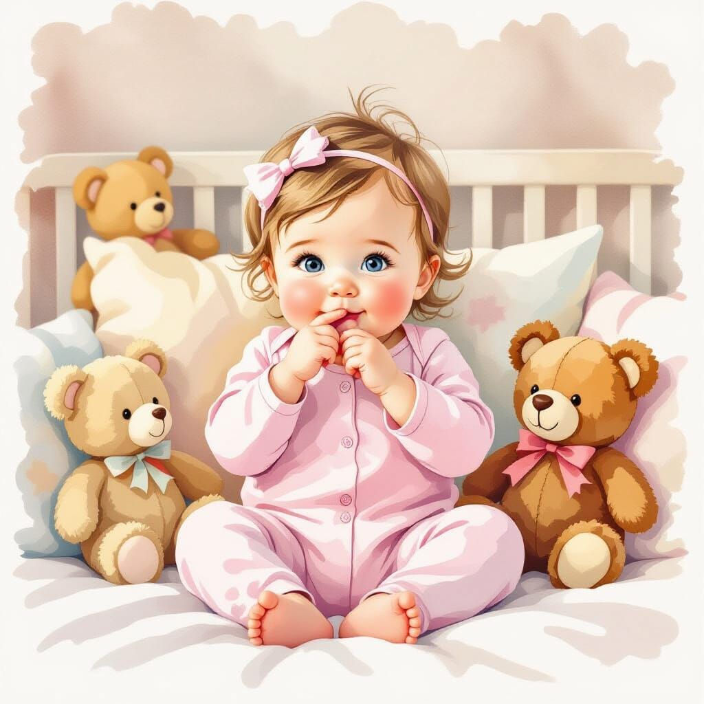 Baby Girl in Nursery, Watercolor Illustration