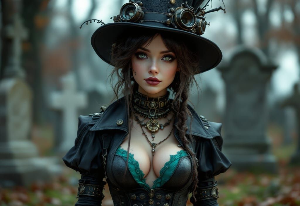 Steampunk Lady in Cemetery with Ghouls, 3D