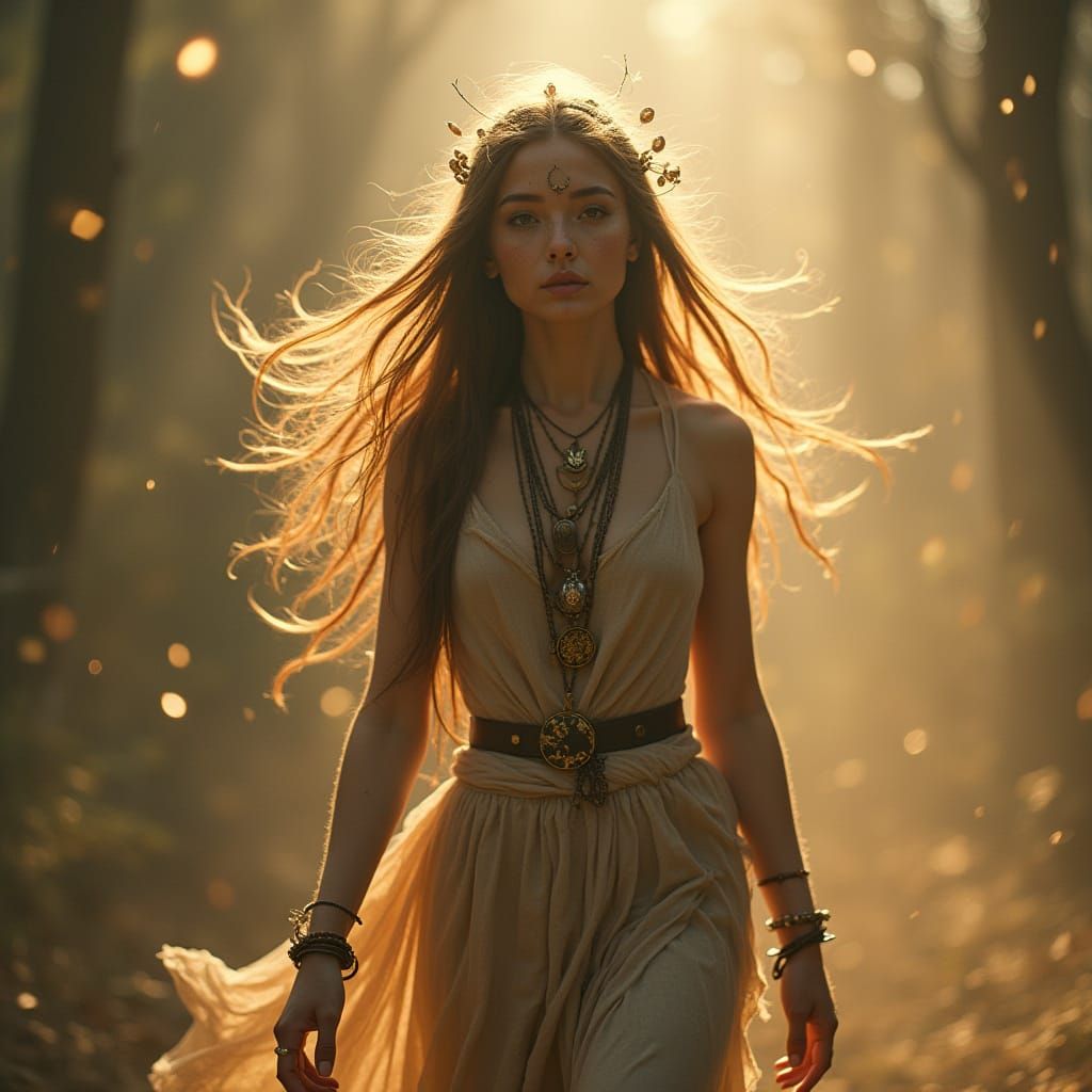 Ethereal Woman in Bohemian Fashion, Golden Light