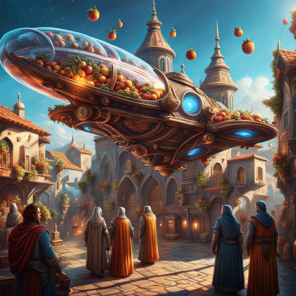 Transparent Spaceship Lands in Medieval Town