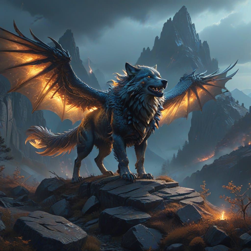 Wolf-Dragon Convergence in Epic Fantasy Landscape
