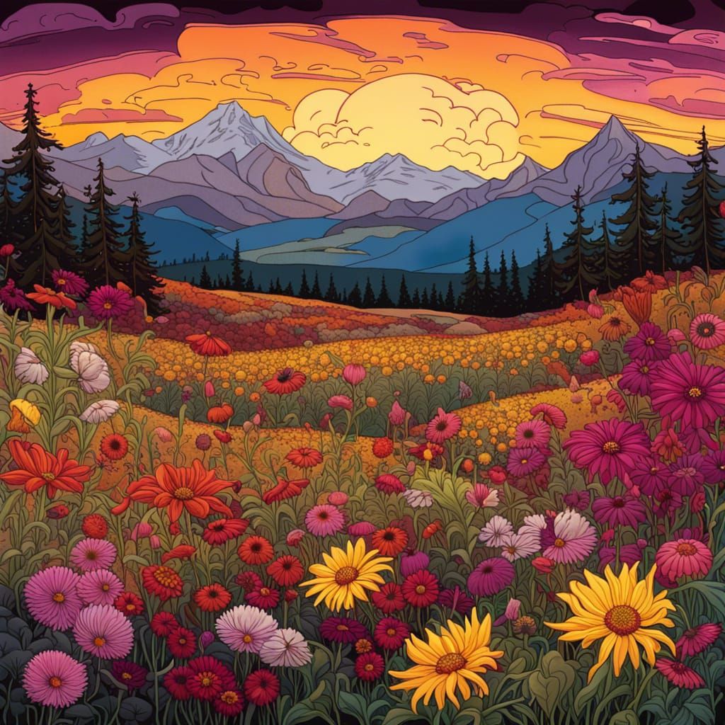 Art Nouveau Fall Meadow with Flowers