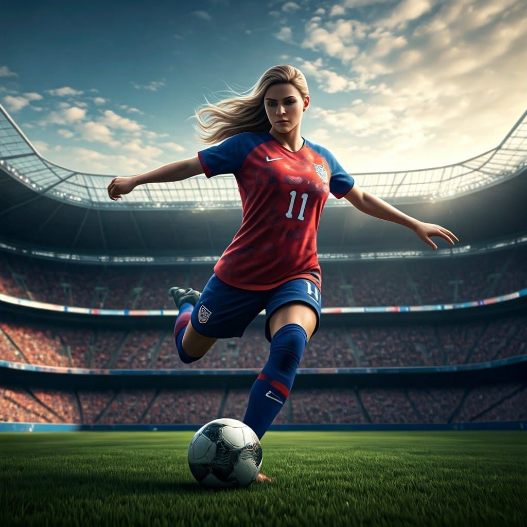 Young Woman Soccer Player in Stadium, Hyper-Realistic Art