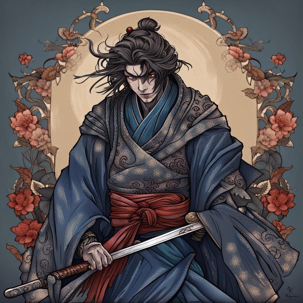 Art Nouveau Flower Samurai in Dark Fantasy Style