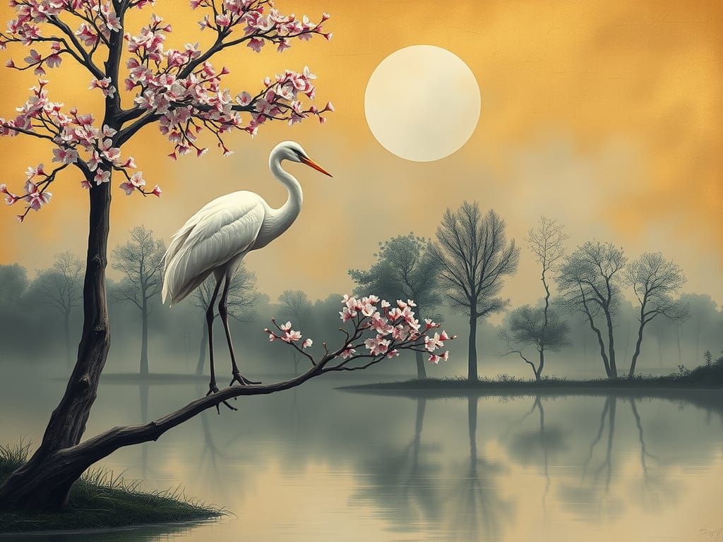 Crane and Cherry Blossoms as Impasto Painting