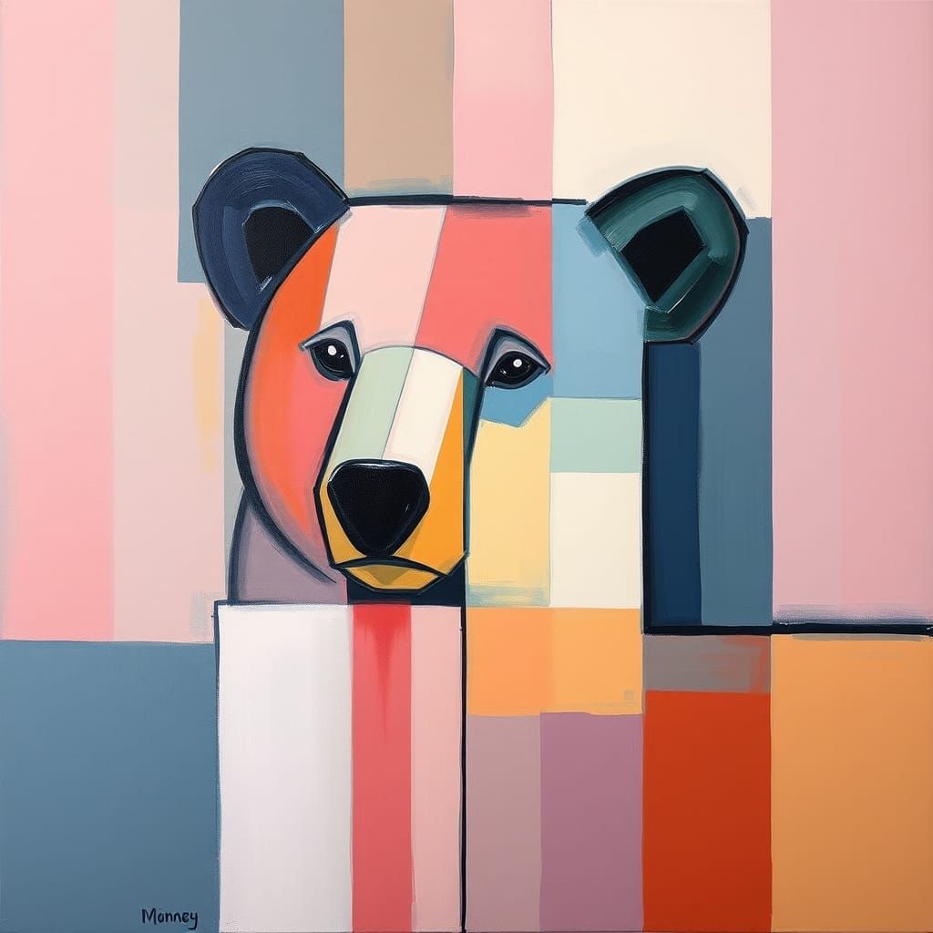 Abstract Mondrian Bear in Soft Neon Colors