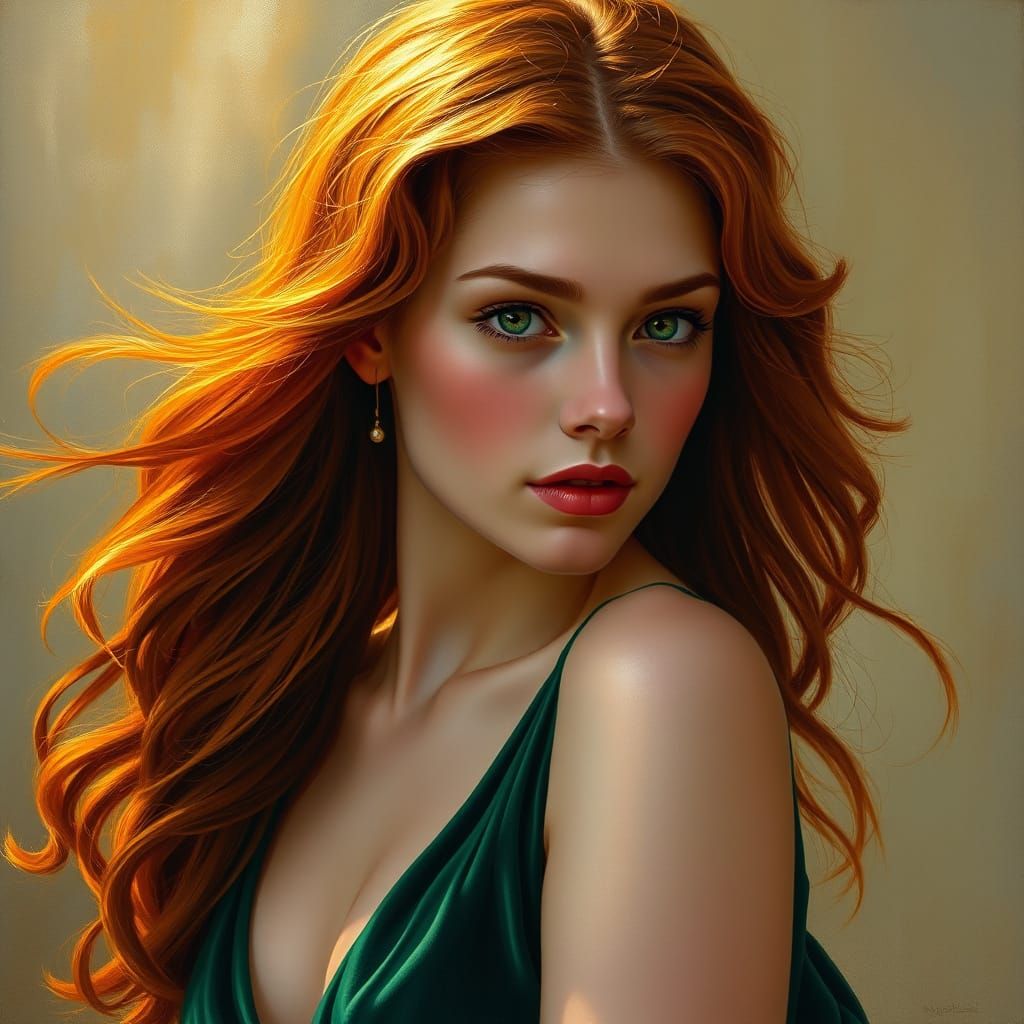Serene Woman in Emerald Velvet Dress Oil Portrait