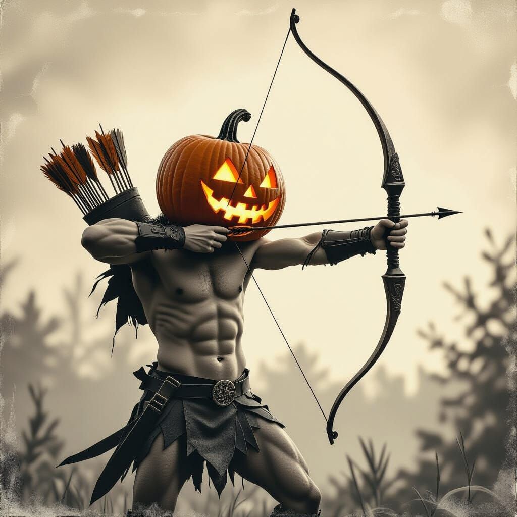Cupid with Pumpkin Head Draws Bow in Cinematic Style