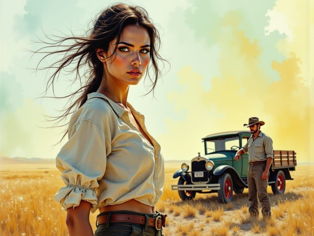 Ethereal Watercolor Farm Scene with Determined Woman