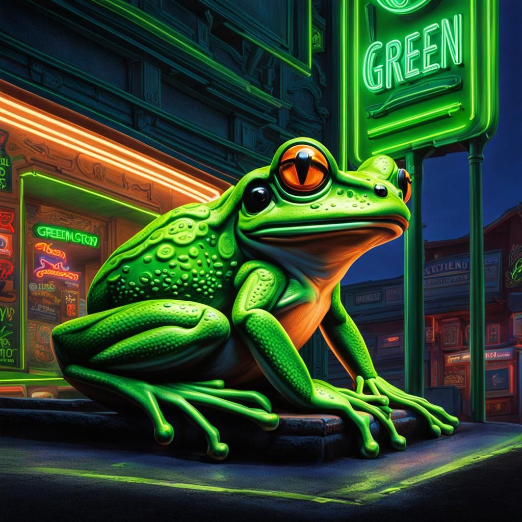Detailed Frog Under Green Neon Sign