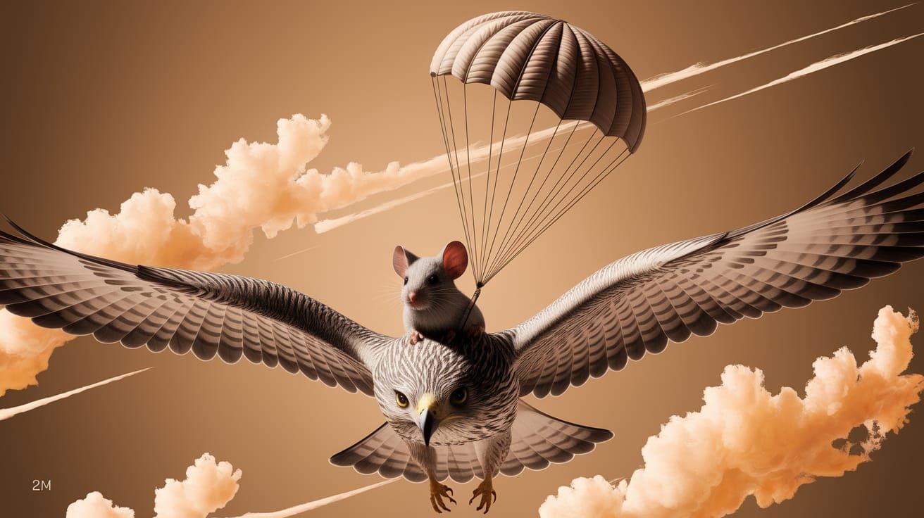 Mouse Parachuting on Hawk in Sunny Sky