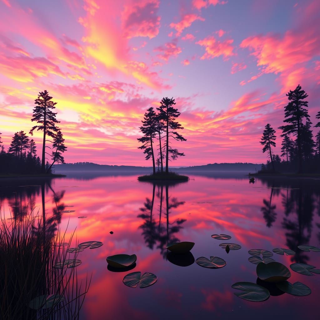 Surreal Lakeside Scene at Sunset in Vibrant Colors