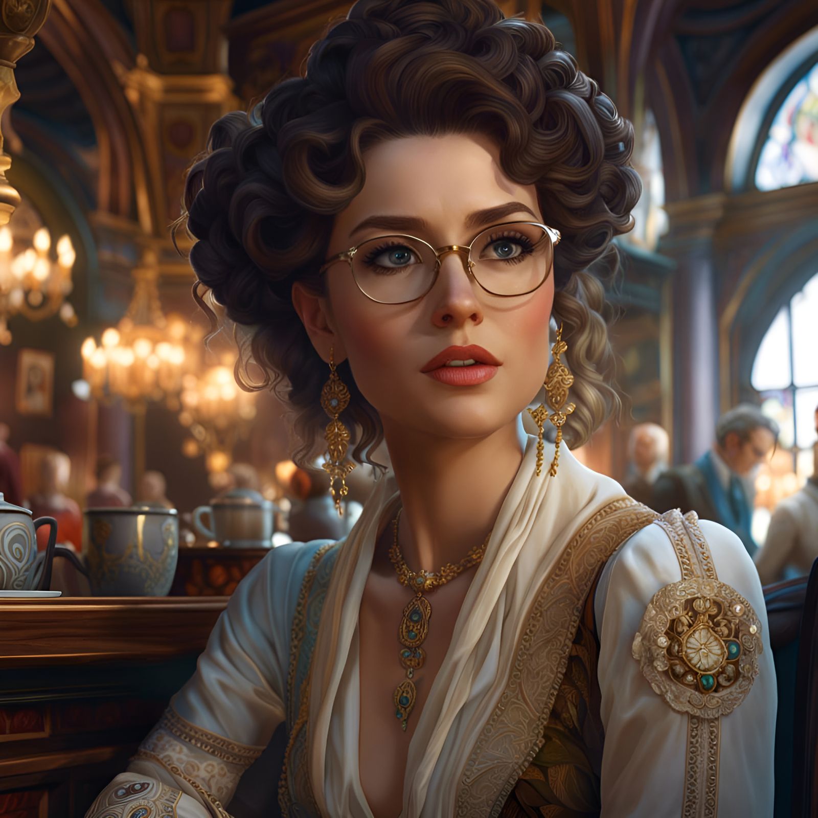 Woman in Cafe: Rococo Style, Hyperdetailed