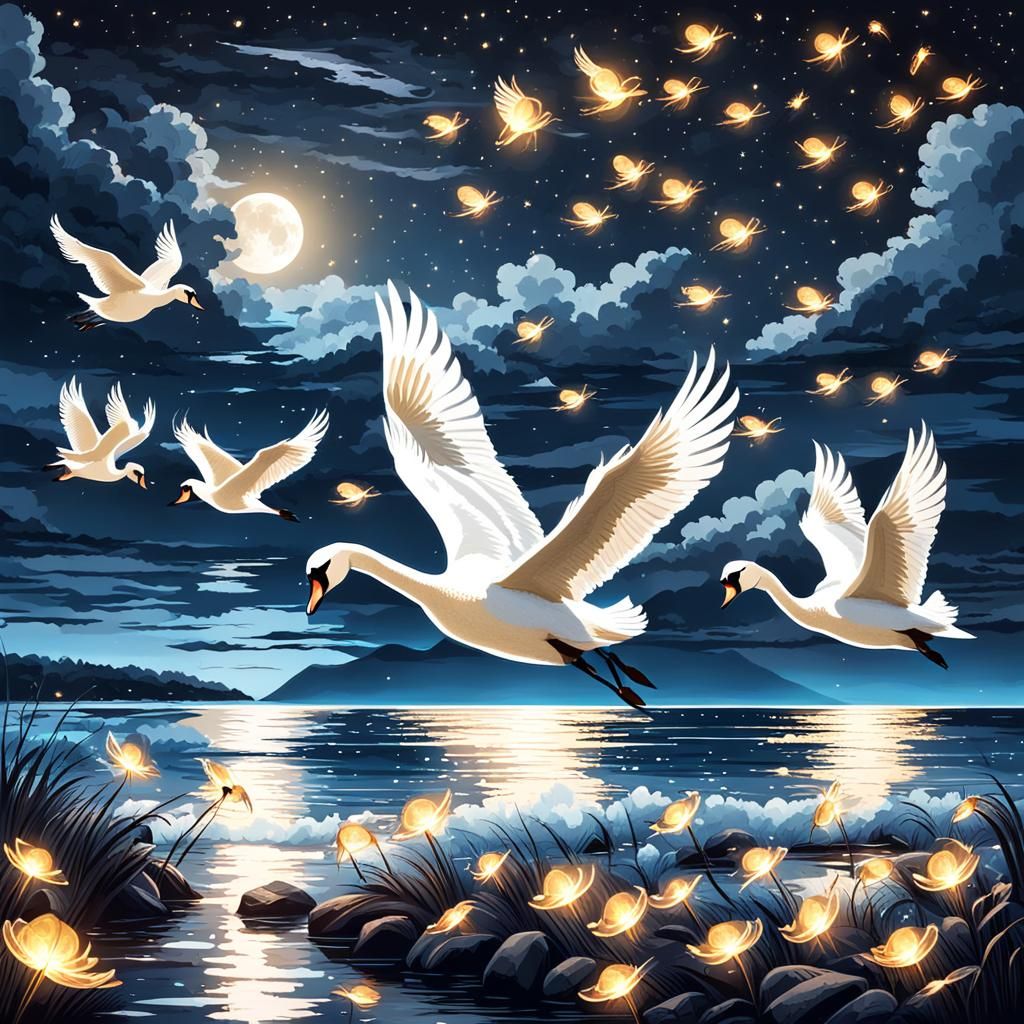 Swans and Fireflies Fly on Moonlit Night