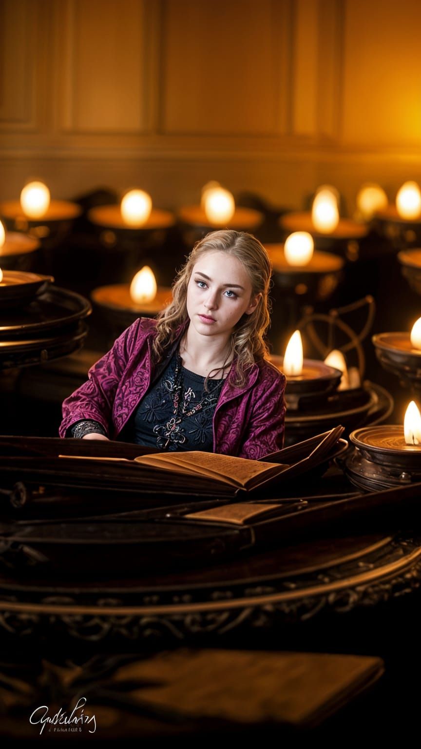Beautiful Girl in Red Velvet Gown with Candles