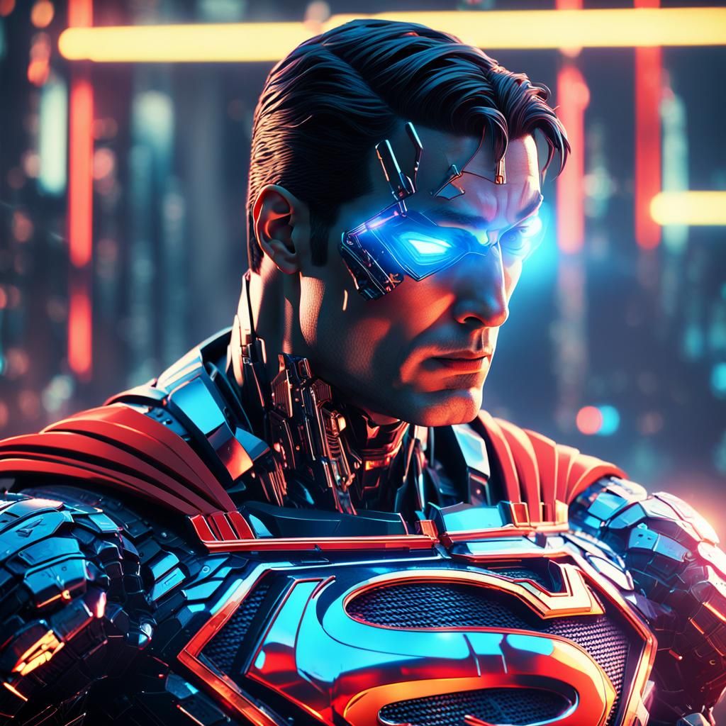 Cyberpunk Superman Illustration with Polished Metal Reflecti...