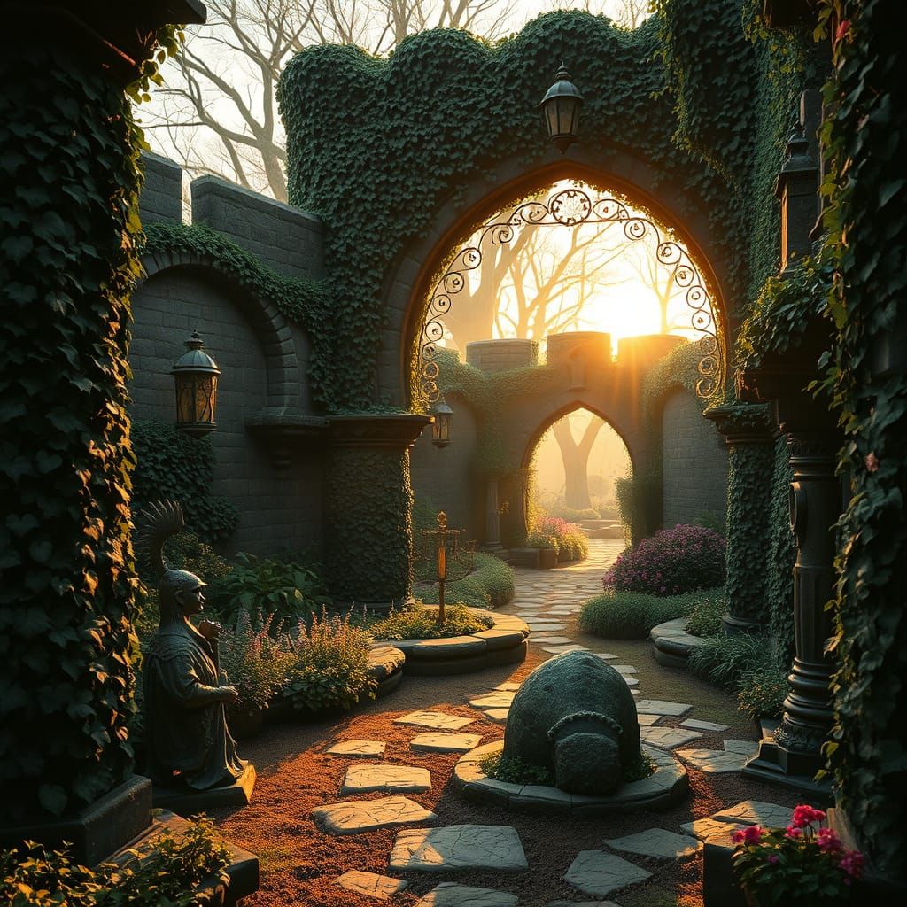 Mystical Enclosed Garden at Sunset