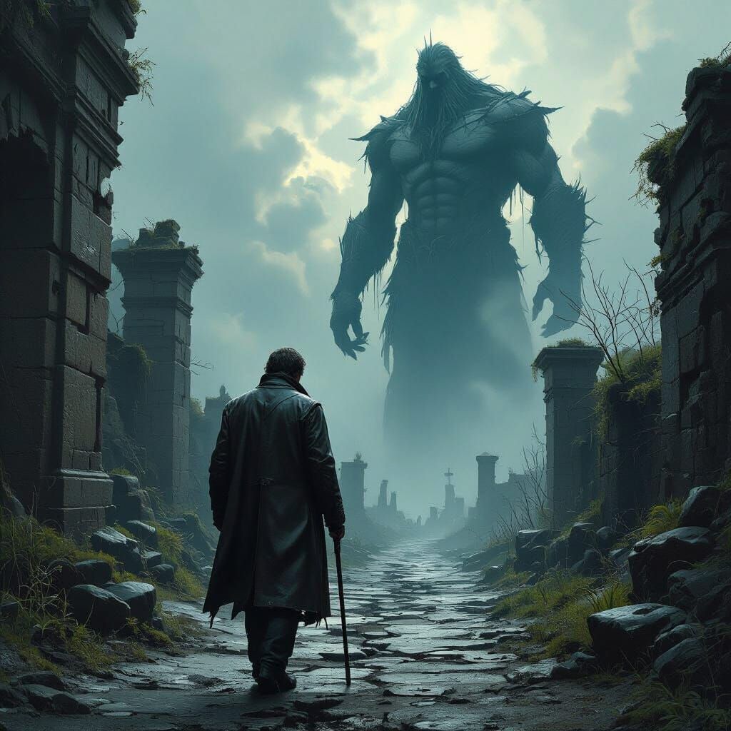 Man on Mystical Path, Fallen God in Background