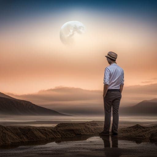 Number Pi, Moon, and UFO in Bokeh Landscape