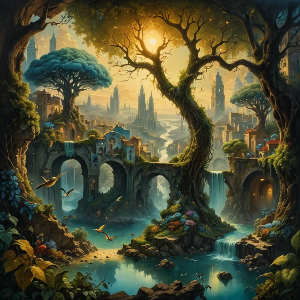 Utopian City Held by Nature: A Surreal Oil Painting