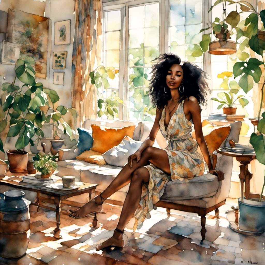 African American Woman in Bright Living Room