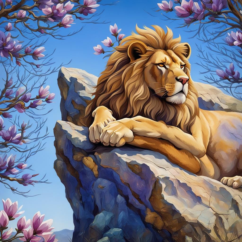 Lion Relaxing Under a Lavender Magnolia Tree