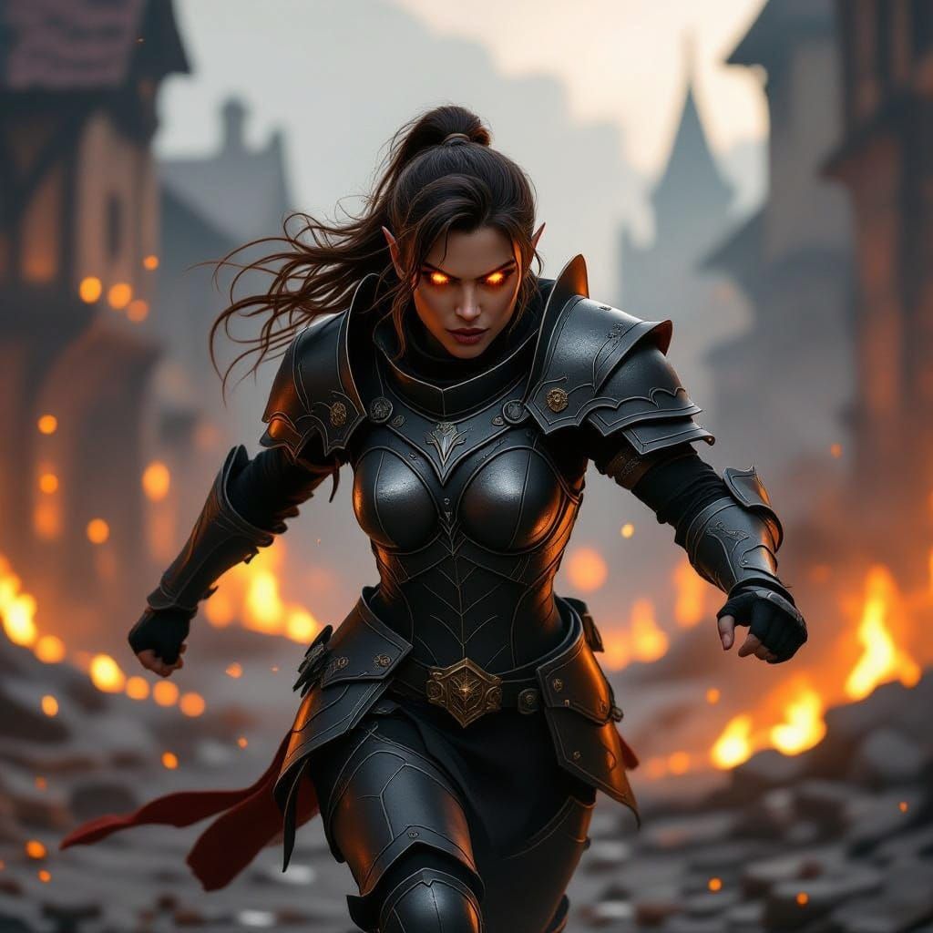 Hobgoblin Warrior in Burning City, Cinematic Style