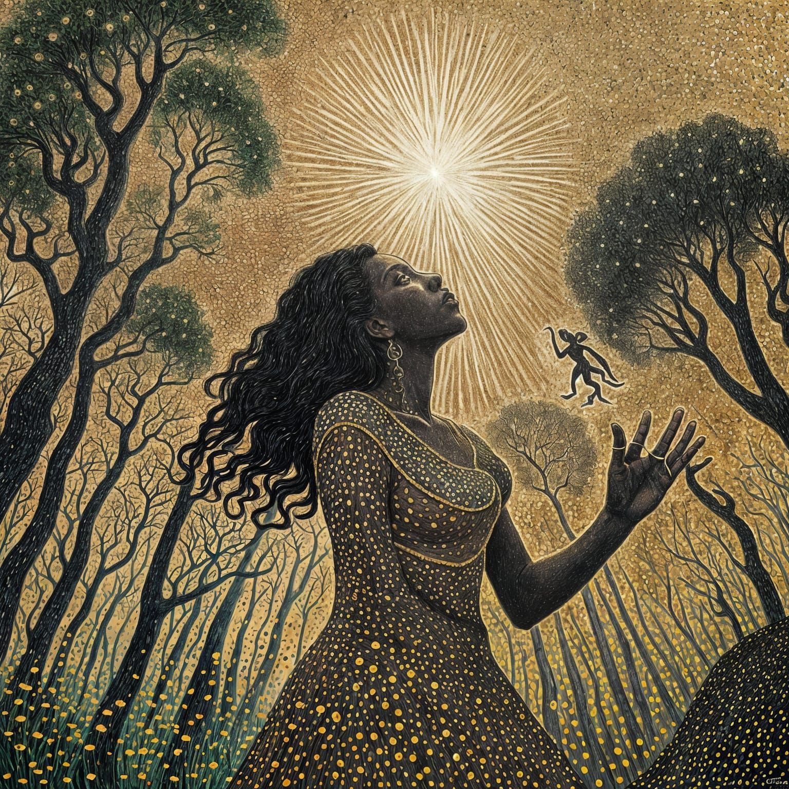 Voodoo Woman Performing a Spell in Pointillism Style