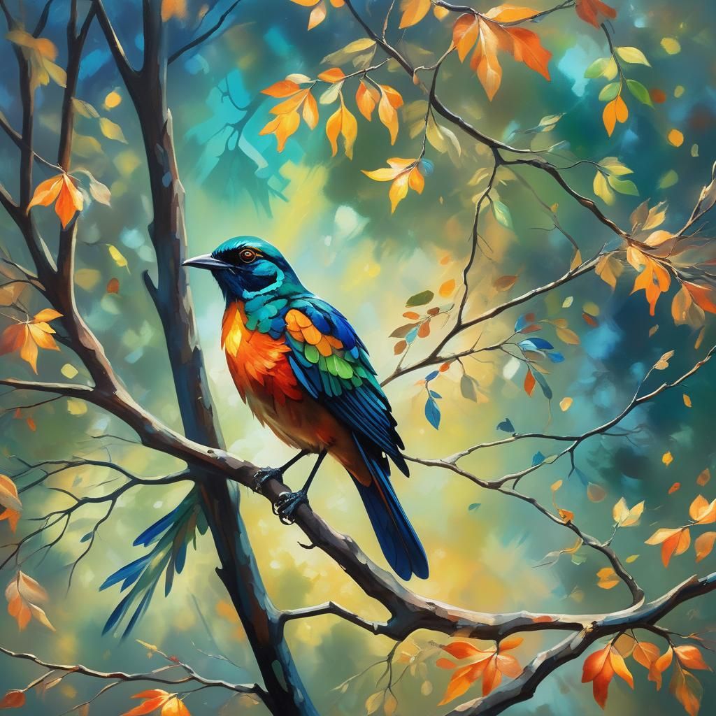 Majestic Bird in Autumn Canopy: Surreal Oil Painting