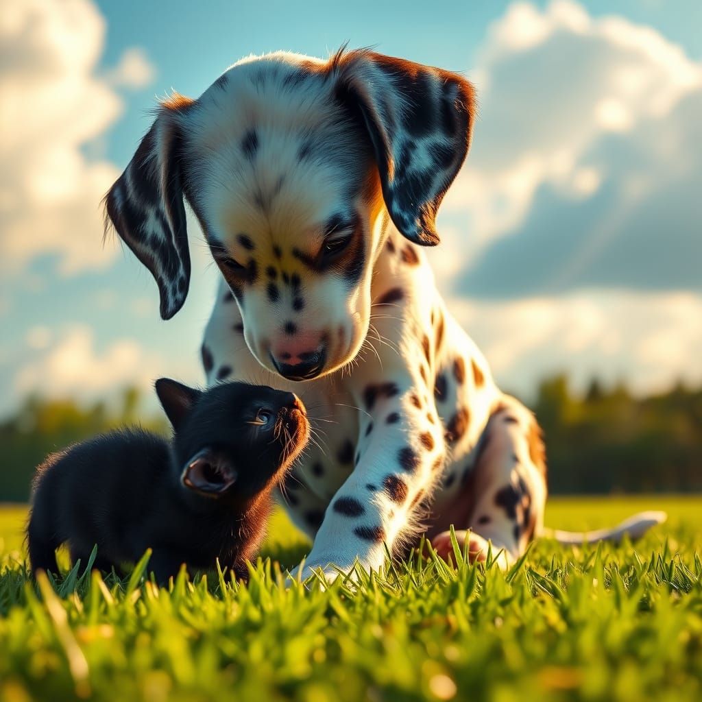 Dalmatian Puppy Plays With Kitten on Sunny Lawn