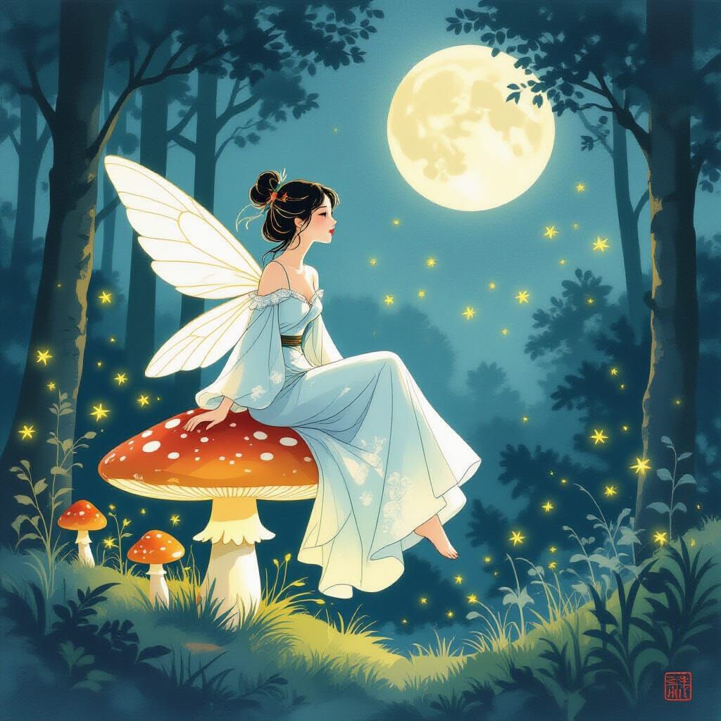 Whimsical Fairy on Glowing Mushroom in Twilight Forest