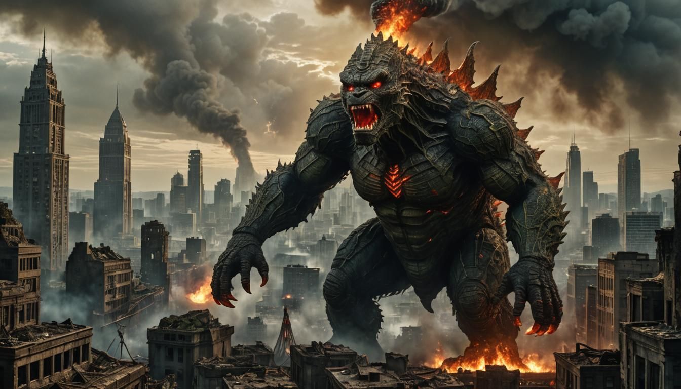 Godzilla-Kong Hybrid Monster in Surrealist Style