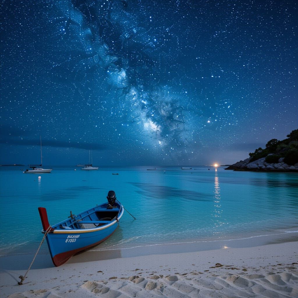 Starry Night Over Desert Island In The Sea