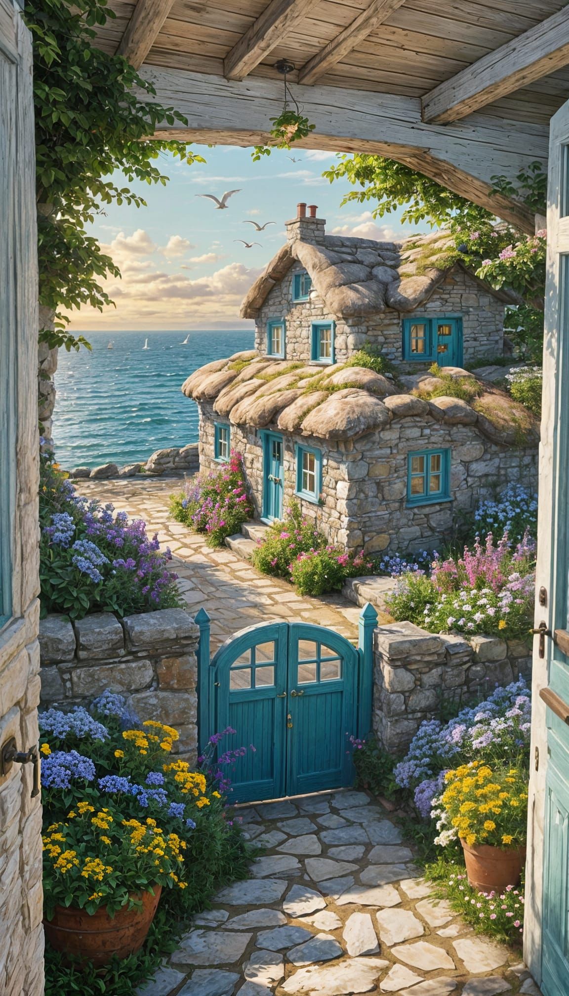 Idyllic Seaside Cottage at Sunset with Gentle Waves