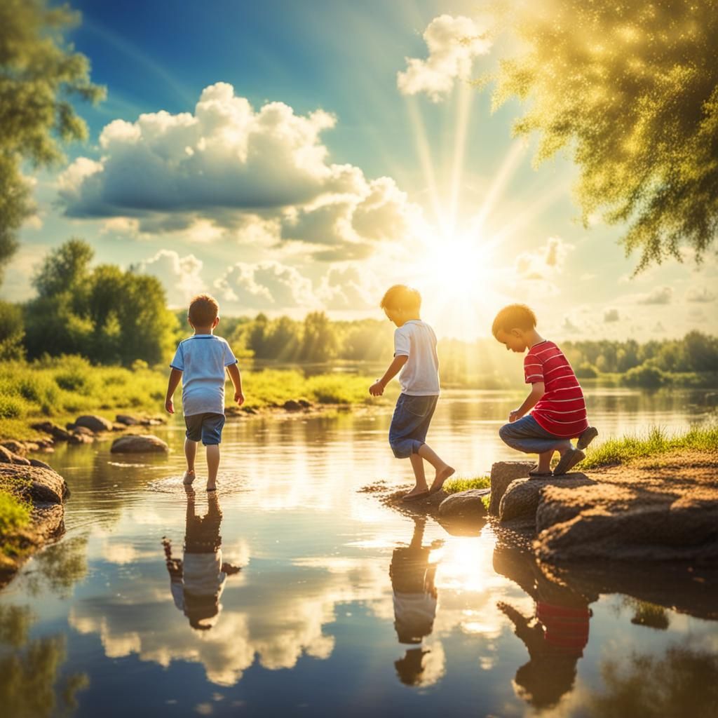 Children Playing by River in Divine Sunlight
