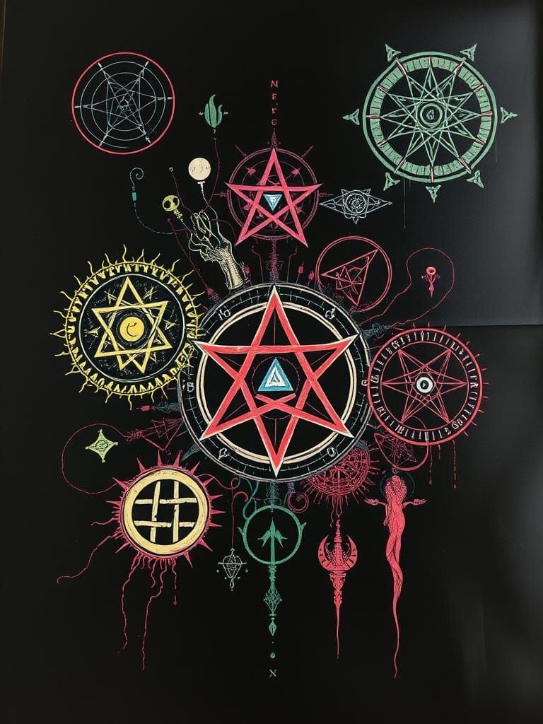 Dozens of arcane magick symbols haphazardly arranged on a plain black background