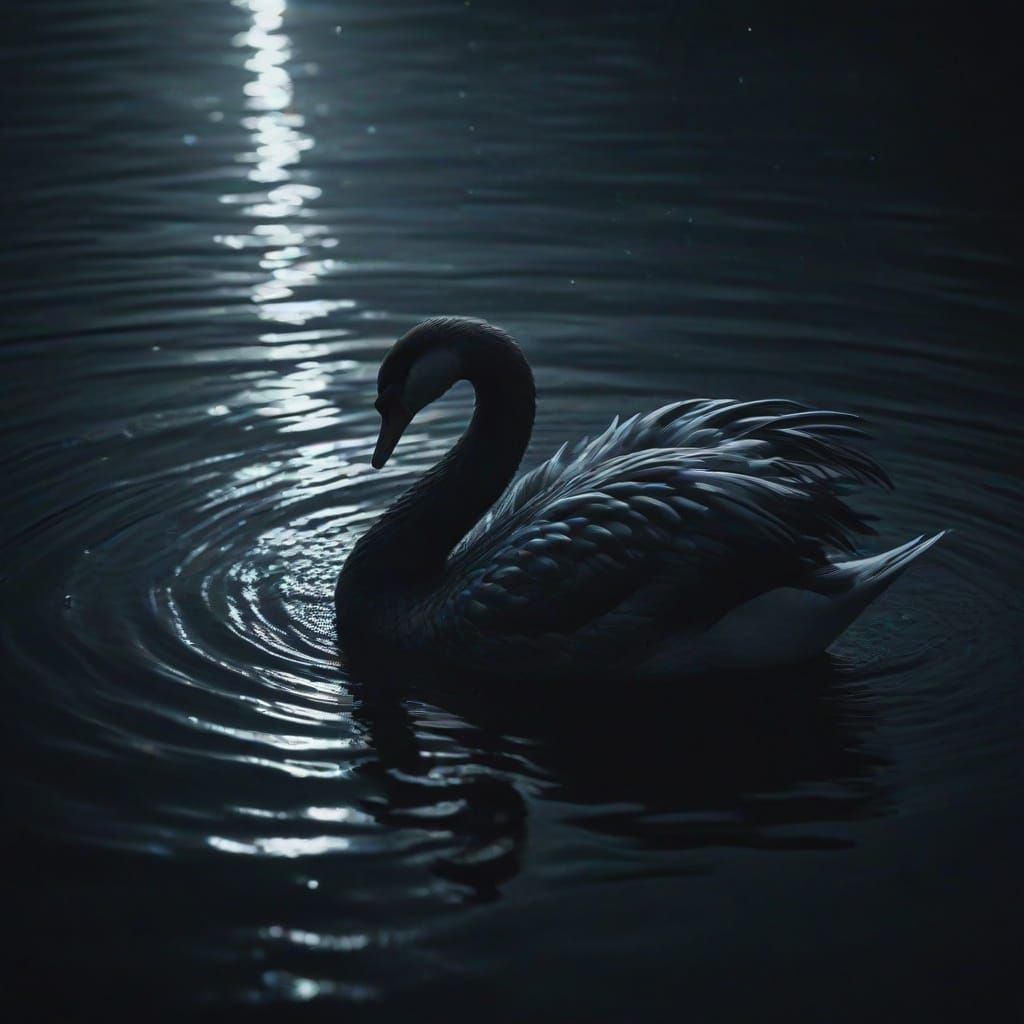 Majestic Black Swan in Moonlit Water, Noir Style