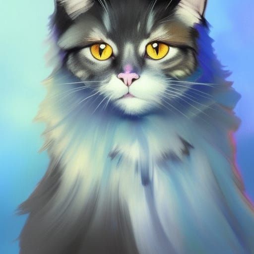 Blue and Purple Ragdoll Cat Portrait in Digital Art Style