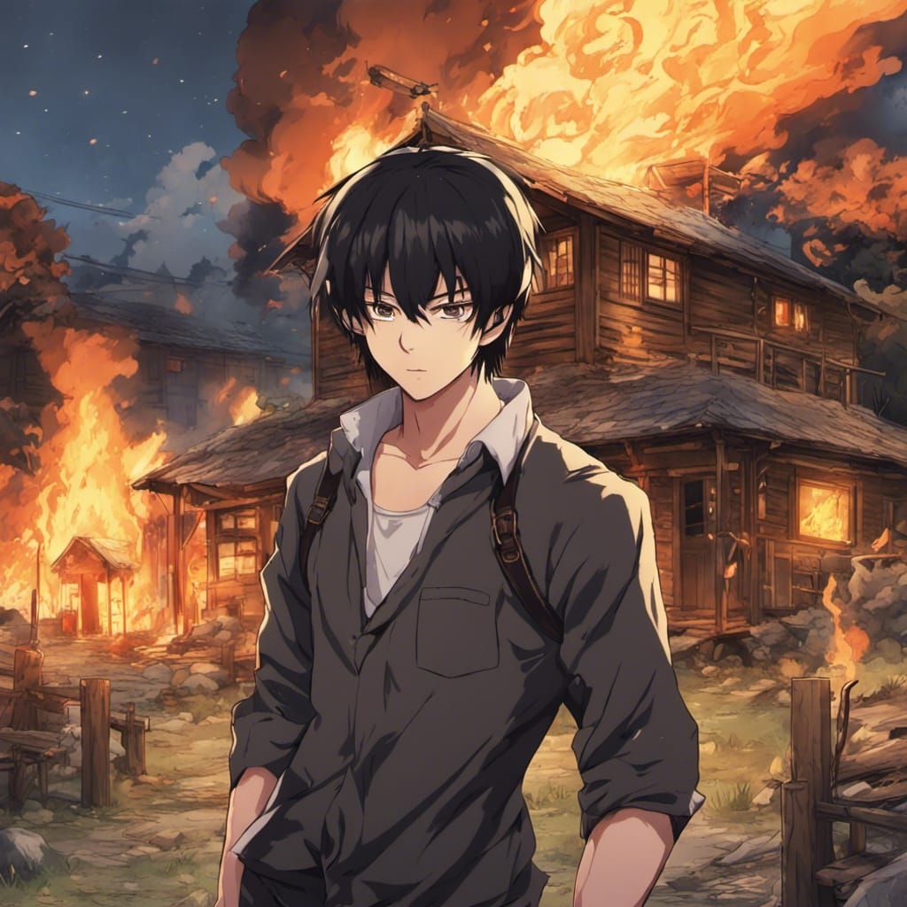 Anime Man Beside Burning Cabin