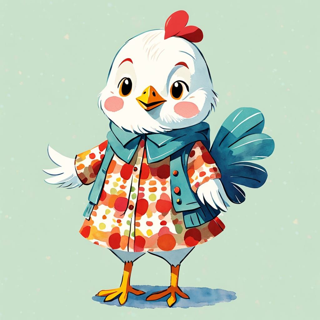 Whimsical Watercolor Chicken in Colorful Attire