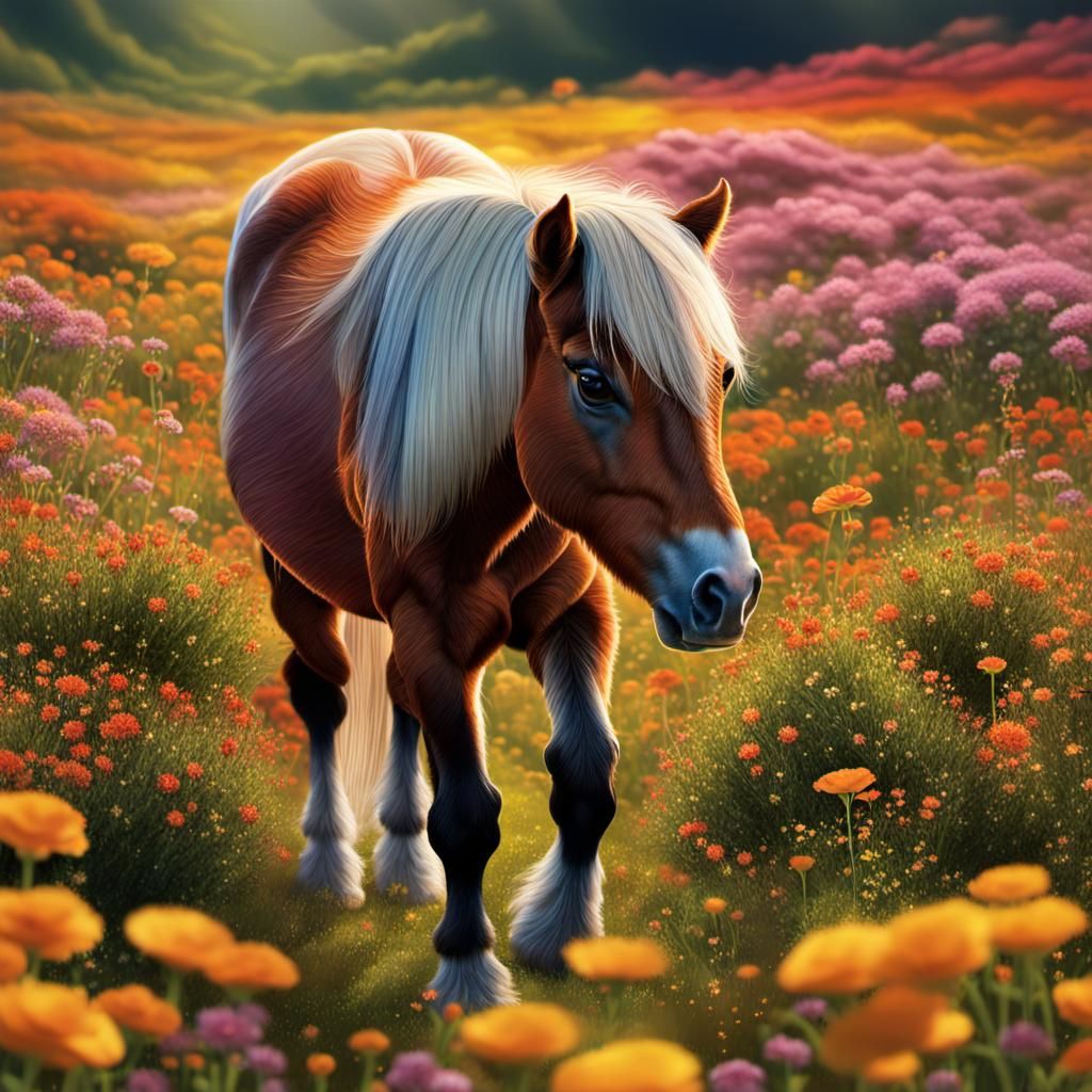 Shetland Pony Grazing in Flower Field: Splash Art